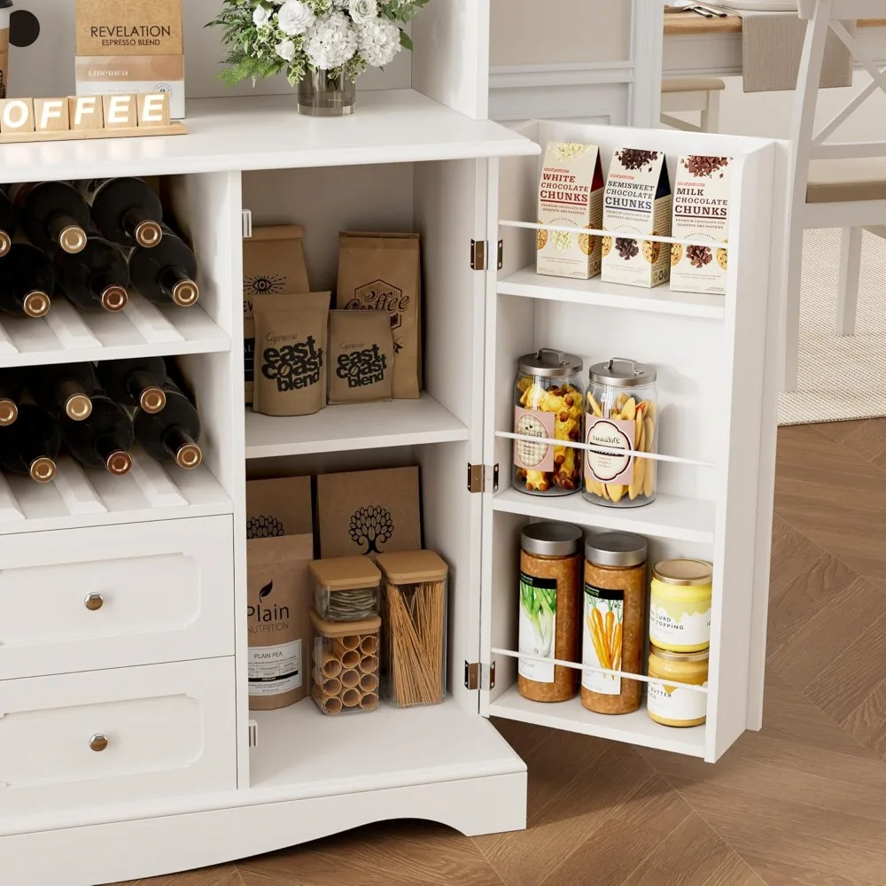 خزانة مخزن طويلة بطول 70 بوصة، وخزانة مطبخ مع حامل ميكروويف، وخزانة تخزين المطبخ الحديثة مع درجين ورف النبيذ المدمج