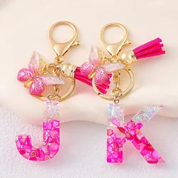 Gradient Pink Intials Letter Key Ring Resin Name Charms Keychain With Tassel Butterfly DIY Women Handbag Ornaments Party Gifts