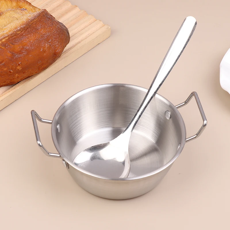 

1Pc/1Set Stainless Steel Instant Noodle Bowl With Double Handles, Silver Spoon Korean Rice Wine Bowl Ladle For Salad Snack