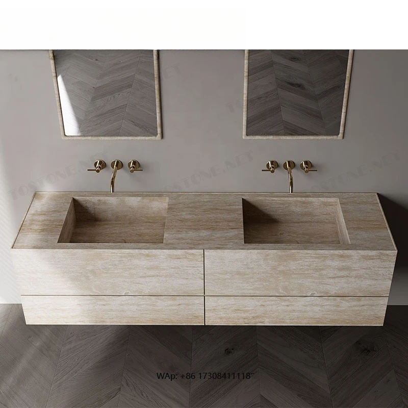 Stunning Natural Travertine Vanity Unique Contemporary Bathroom for Apartment Villas Hotel  Interior Decoration
