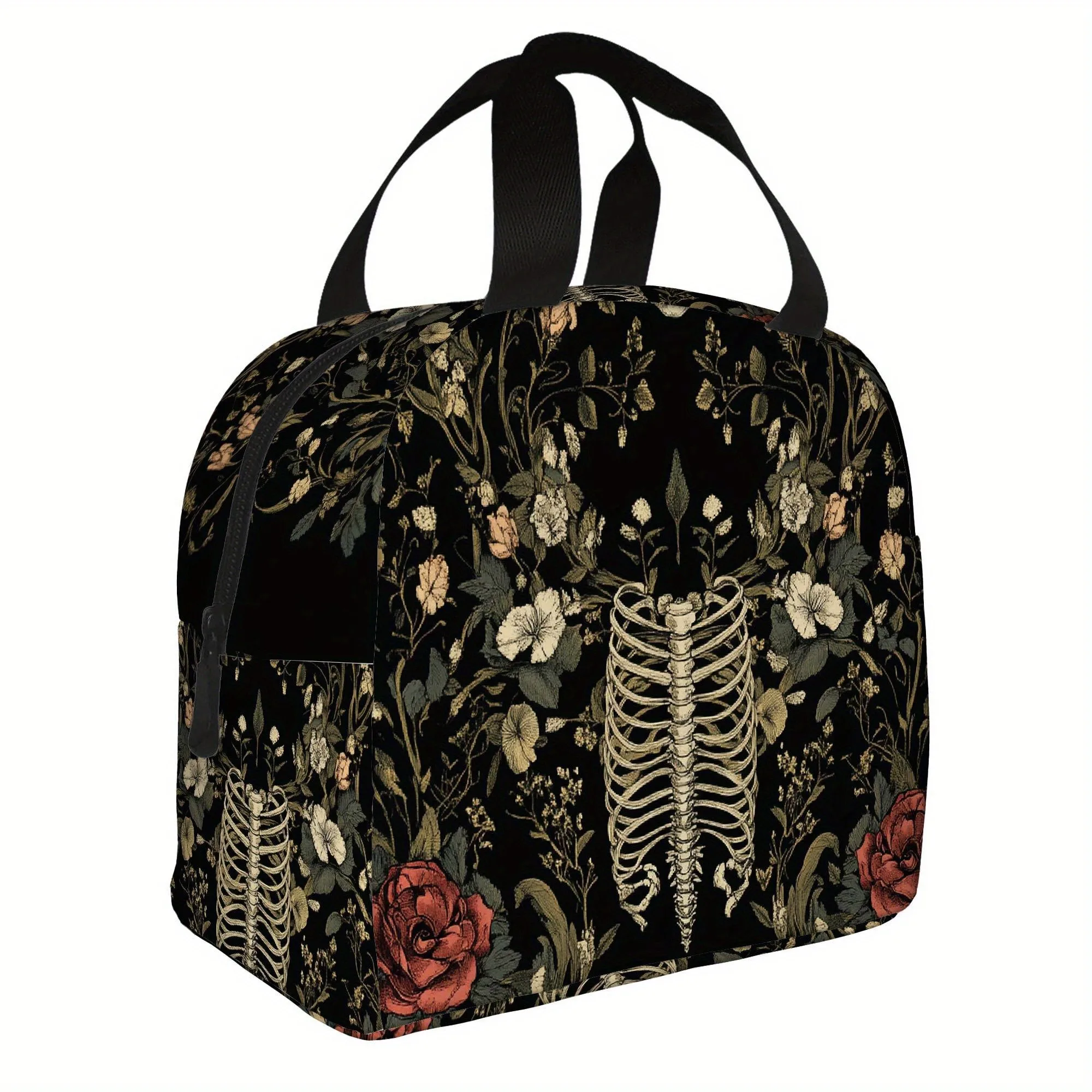 Gothic Floral Skeleton Insulated Lunch Bag Unisex Portable Reusable Cooler Bag
