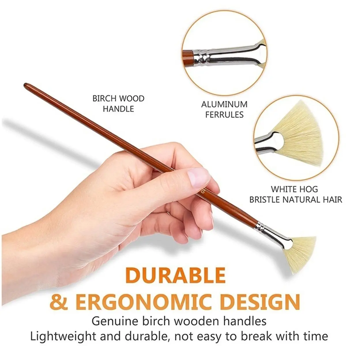 Fan Brush for Painting, 7 Pieces Fan Brush Set with Hog Bristle Natural Hair and Long Wood Handle, Artist Fan Brushes