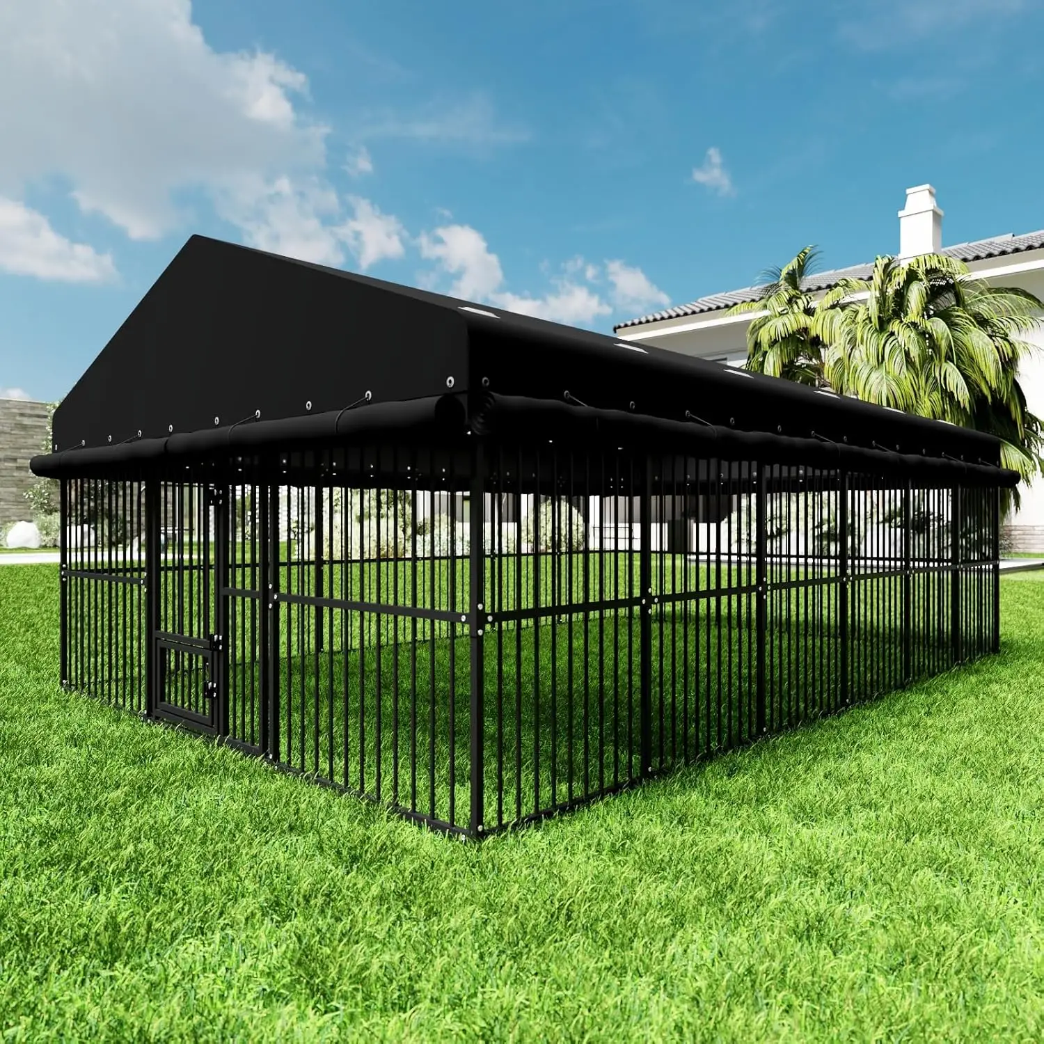 

Outdoor Dog Kennel 10x15x6.5 FT, Heavy-Duty Metal Construction with Swivel Door, Fully Enclosed Waterproof Oxford, Customi