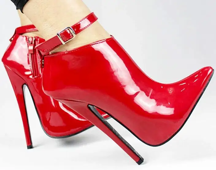 

Sexy Red Black Pink Shiny Leather Ankle Buckle Wrap 18 CM Thin Heels Pumps Pointed Toe Slip On High Heel Cosplay Dress Shoes