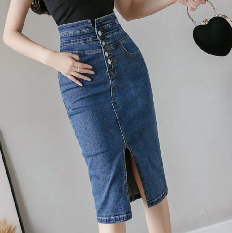 Fashion Long Multiple Buckle Elasticity Denim Skirts Women Casual Sexy Ladies High Waist Split Skirt Female Girls Kawaii Clothes