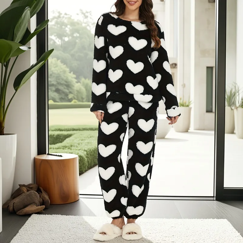 Adorable Winter Long Sleeve Pants Love Print Pajama Set Girls Thick Coral Fleece Loungewear Sweet Fashionable Design XL Size