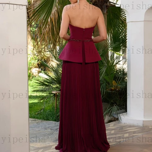 Imagen 2 del producto Vestidos de Noche sin tirantes personalizados, vestido de fiesta largo de gasa recto con espalda descubierta drapeado con lentejuelas y volantes