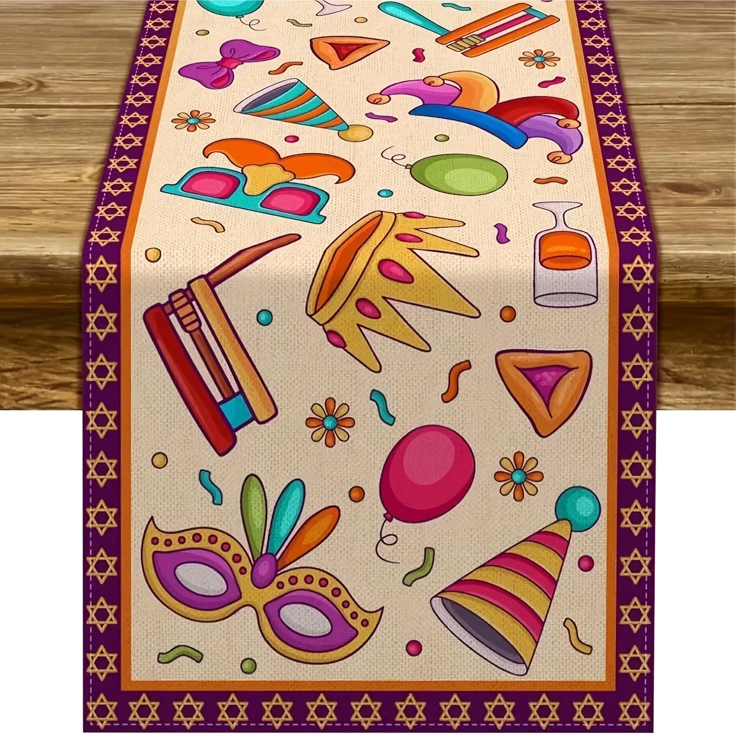 1pc Elegant & Luxurious Table Runner For Purim - Jewish Holiday Carnival Wedding Decor With Masquerade Masks Crowns & Star