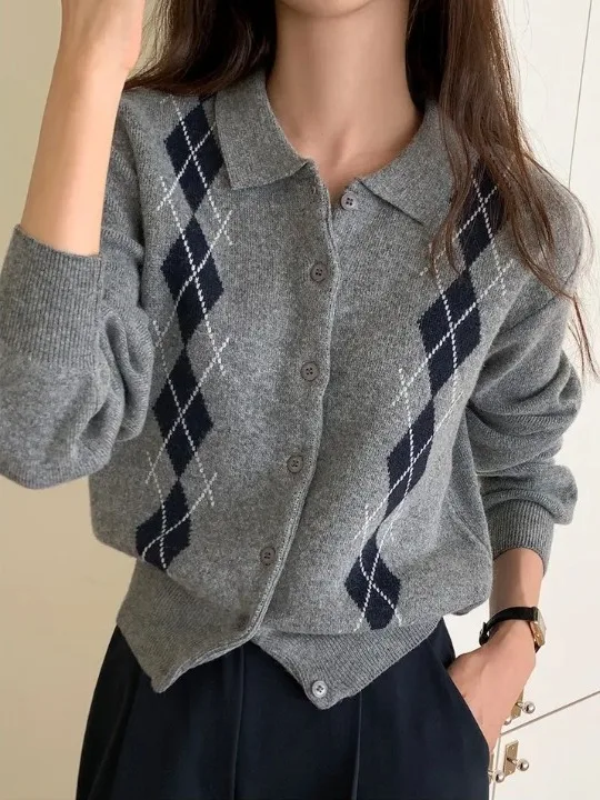 Chic Korean Style Knitted Open Cardigan Women's Slimming Waistcoat Single Row Button up Long Sleeve Diamond Pattern Sweater J...