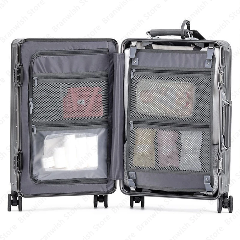 Valigia da viaggio con tasca frontale per tablet con portabicchieri Trolley con ruote girevoli Trolley largo con lucchetto TSA