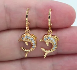 Fashion Gold Color Clear Zircon CZ Lovely Dolphin Dangle Earrings for Women
