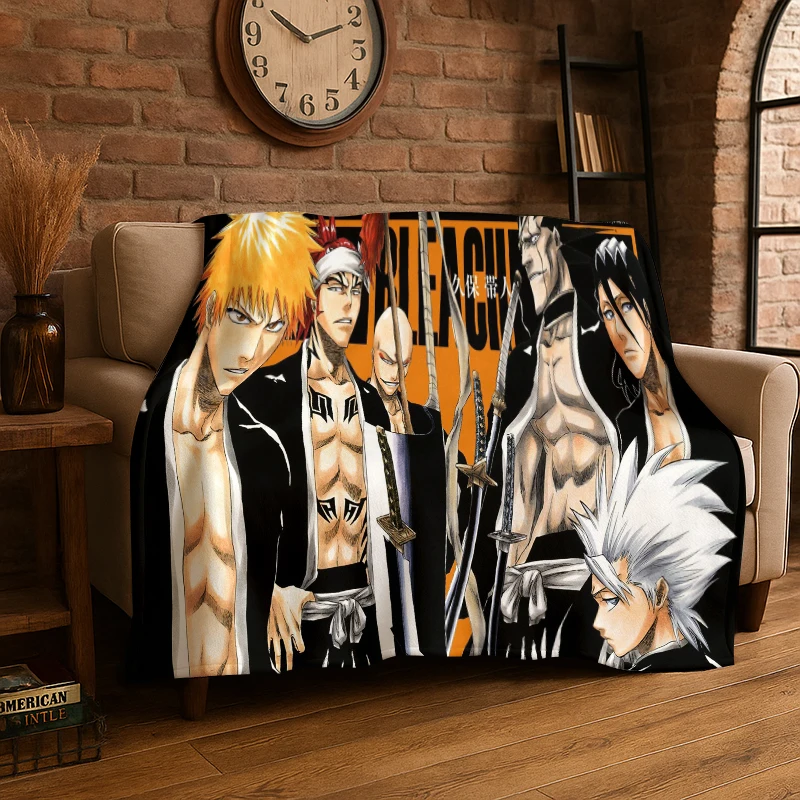 Retro Bleach Anime Kurosaki Ichigo Cartoon Flannel Blanket Soft Warm Throw Blanket for Bedroom Living Room Bed Travel Picnic