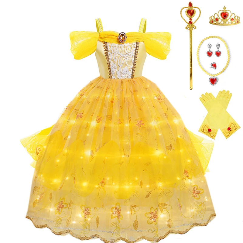 Girls Princess Belle Dressing up Costume Fancy LED Lights Dress Childs  Outfit Birthday Party Christmas Carnival Evening Dresses