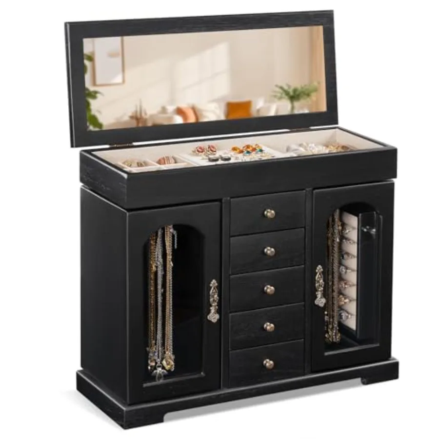 Jewelry Box for Women Girls Wooden Jewelry Organizer Box with Mirror 5 Layer Jewelry Storage Case Display for Necklaces Earring