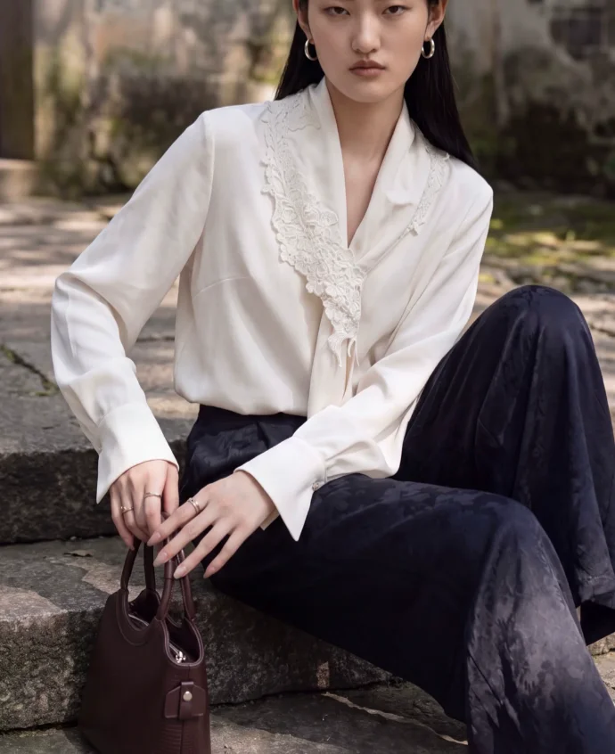 Luxury 100% Mulberry Silk Blouse Women Ivory White Heavy Lace Bow Collar Shirt Long Sleeve Elegant Office Top