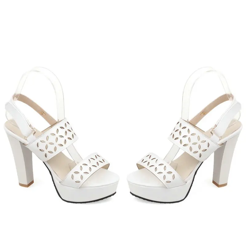 Laser Hallow Cutout Mature Ladies Shoes Double Buckle Belt Blue Red Patent Leather Open Toe Block High Heels Platform Sandals
