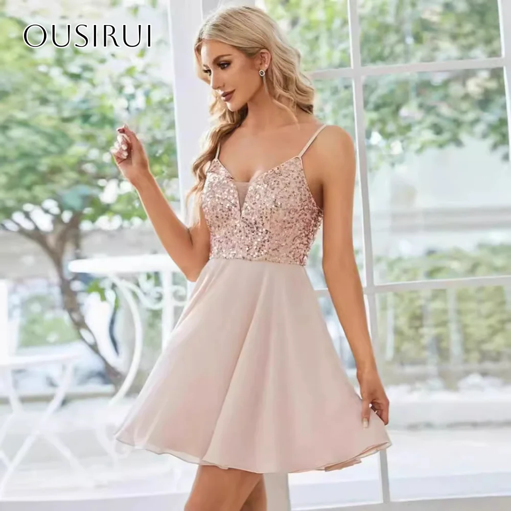 

Sequined Spaghetti Straps Short Chiffon A-line Cocktail Dresses Sleeveless Party Gown Customized vestido corto elegante