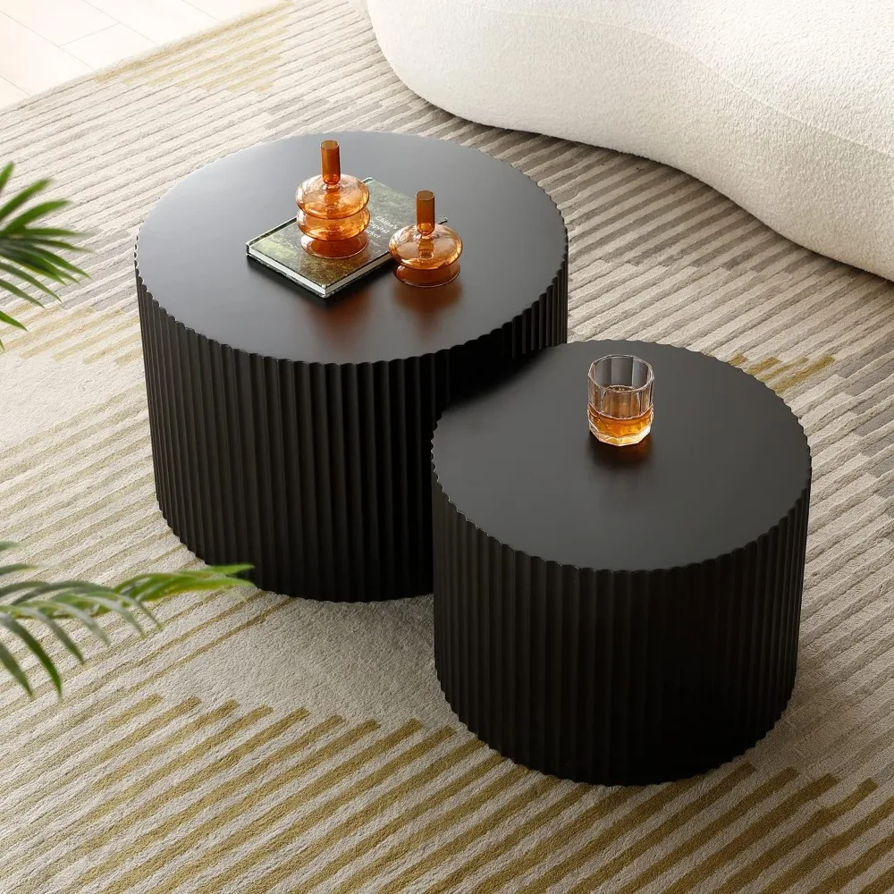 Modern Black Round Nesting Coffee Table Set of 2 for Living Room, Contemporary Wood Circle Side Tables
