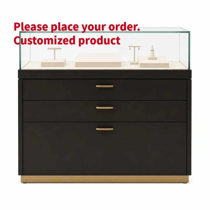 custom.Commercial Floor Standing Customizable Jewelry Display Cabinet Glass Stainless Steel Wood Construction LED Lighting Retai