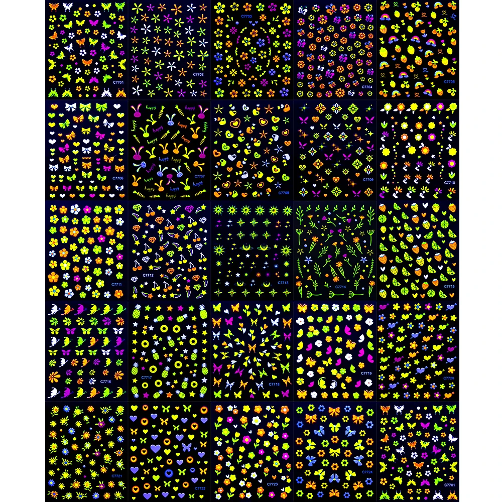 24 قطعة ثلاثية الأبعاد زهرة الفلورسنت/فراشة ملصقات الأظافر توهج في الظلام لاصق الشارات النيون الأزهار ملصق لديكور أظافر الحفلات *