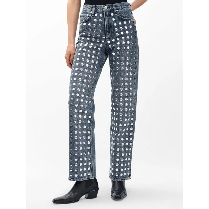 

Женские винтажные джинсы прямого кроя с серебряными пайетками, свободные, в стиле ретро, из выстиранного денима, повседневные брюки