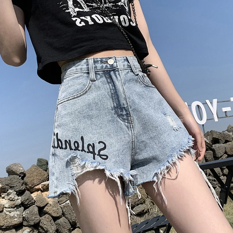 Short en jean taille haute avec pompon pour femme, pantalon court en denim avec lettre imprimée, mode chaude, 2023