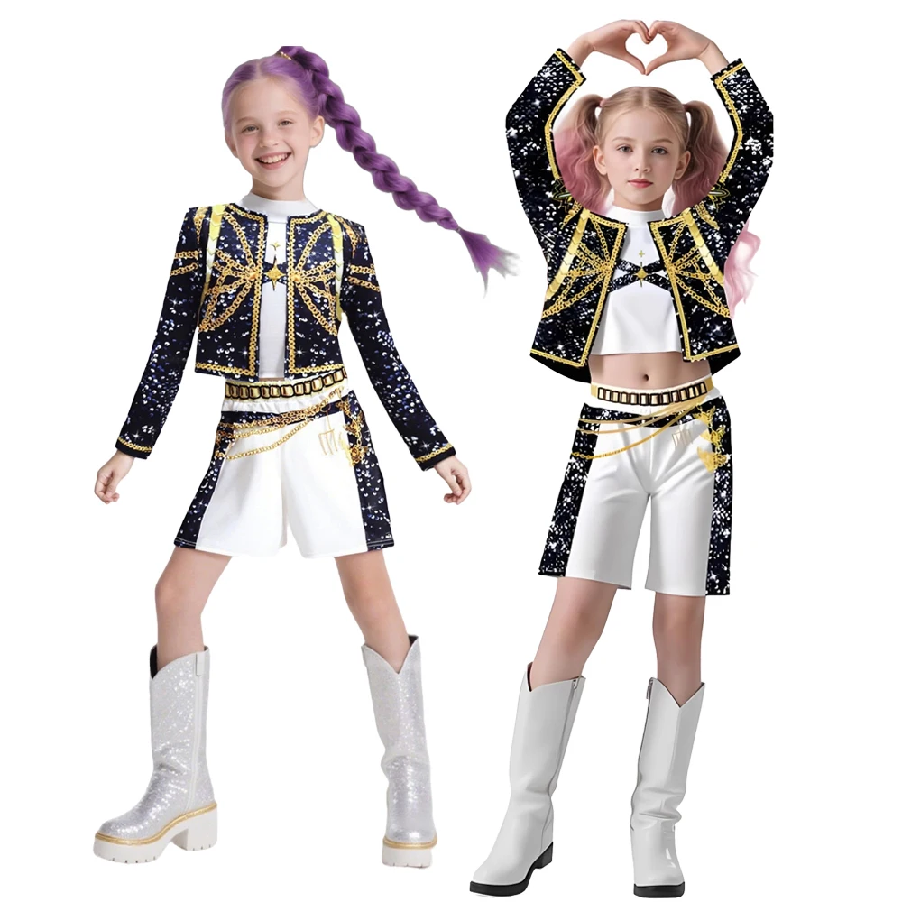 

Kpop Demon Hunters Zoey Mira Rumi Cosplay Costumes Women Black Golden Clothes Halloween Carnival Dress Up Party Suit Props