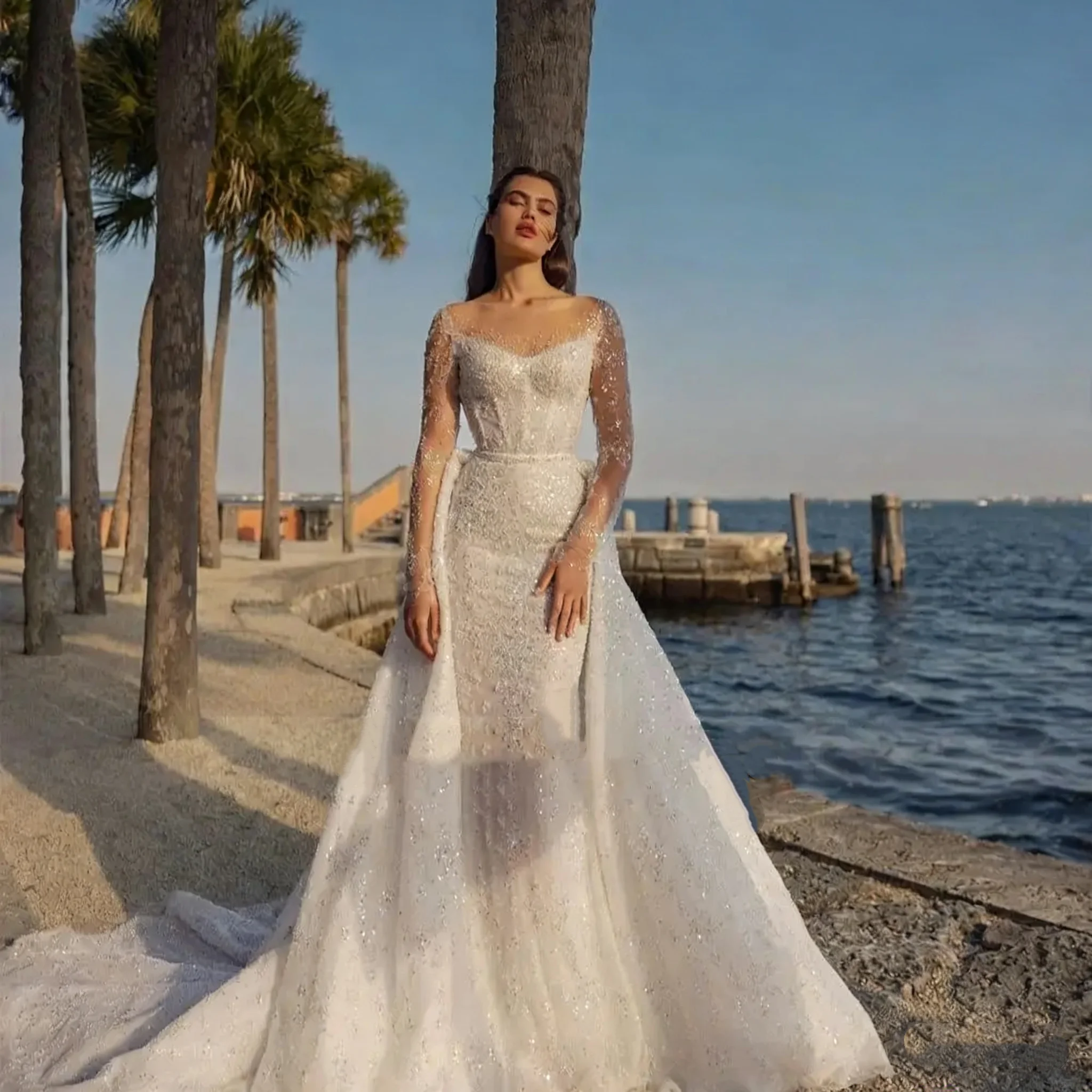 

Elegant and Sparkling Mermaid Wedding Dress Sweetheart Long Sleeve Crystal Bride Dress Detachable Train Dress Customized