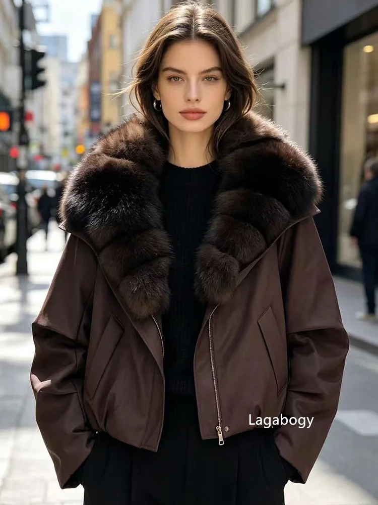 Lagabogy Women's Winter Down Jacket Real Fur Coat Huge Natural Fox Fur Duck Down Jacket Casual Female Feather Parka Puffer Coat