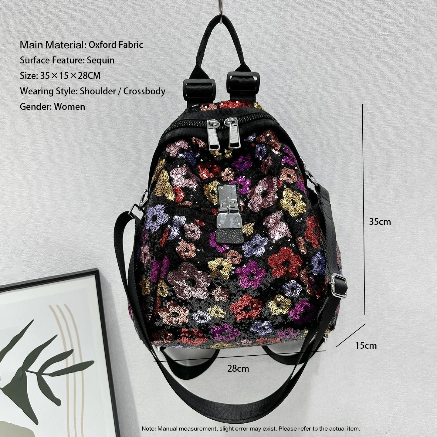 Women Sparkly Floral Sequin Embroidered Backpack Multicolor Flower Sequins 2 In 1 Crossbody Bag Party Daypack