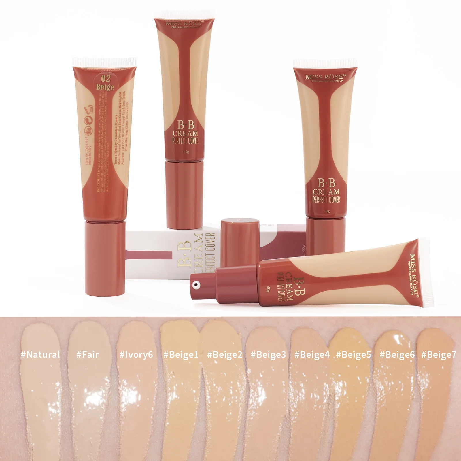 Base de Maquillaje MISS ROSE 40ml, Corrector Líquido, Crema Hidratante, Iluminadora, Unifica el Tono de Piel, Ligera, Hidratante, para Uso Diario