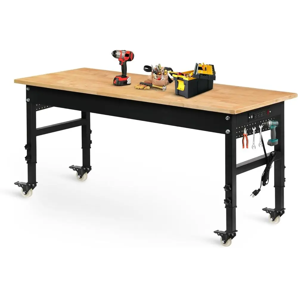 

60" Adjustable Rubber Wood Workbench with Wheels Pegboard Power Outlets 2000LBS Capacity for Garage Workshop Home Office Commercial
