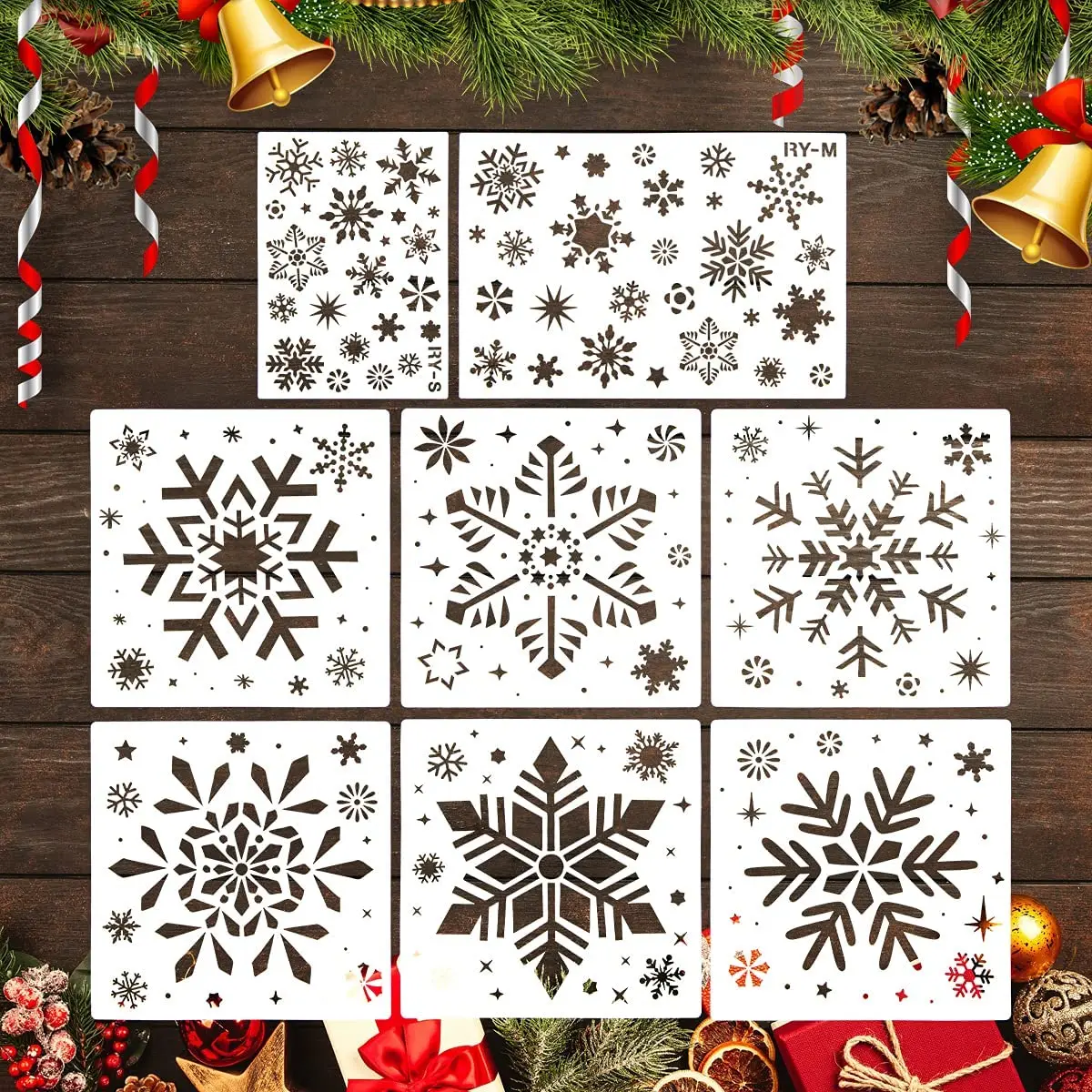 

8pcs Snowflake Reusable Christmas Stencils for Painting on Journal, Greeting Card, Gift Box, Tattoos, Windows, Home Decor, Wall