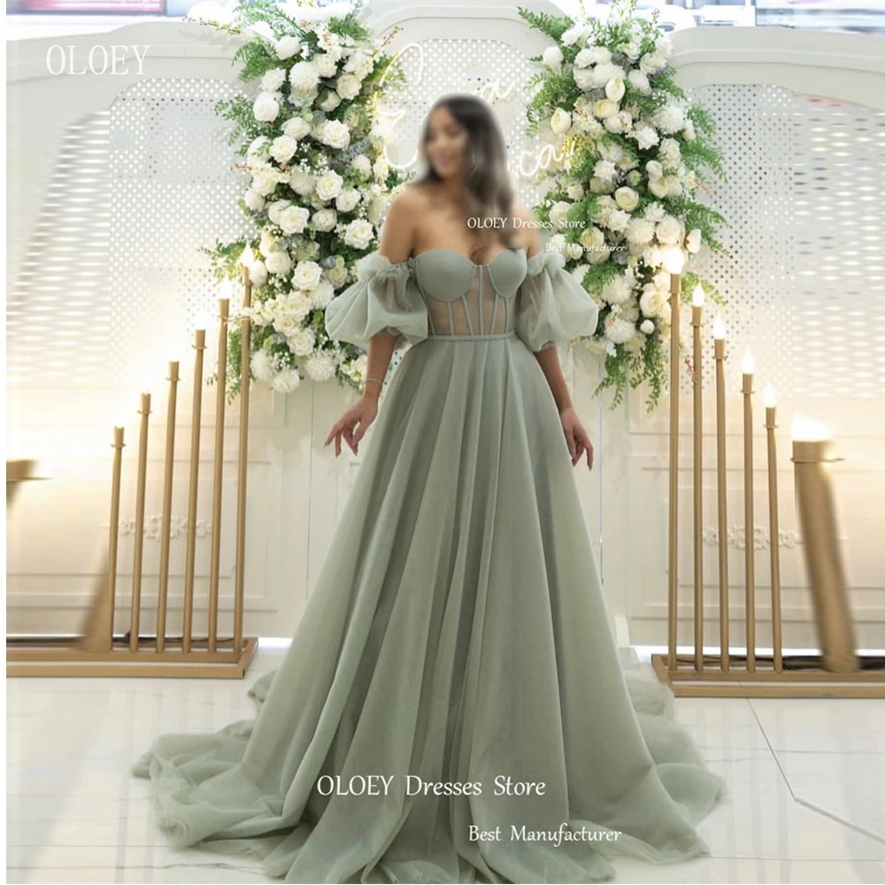 

OLOEY Dusty Pale Green Tulle Evening Dresses Puff Short Sleeves Sweetheart Boning Plus Size Prom Gowns Occassion Vestidos