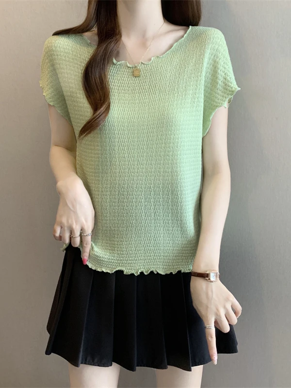 Light Green Wooden  Short Sleeve T-Shirt Women's Style Shoulder Length Summer New plus Size Forest System Youthful Top
