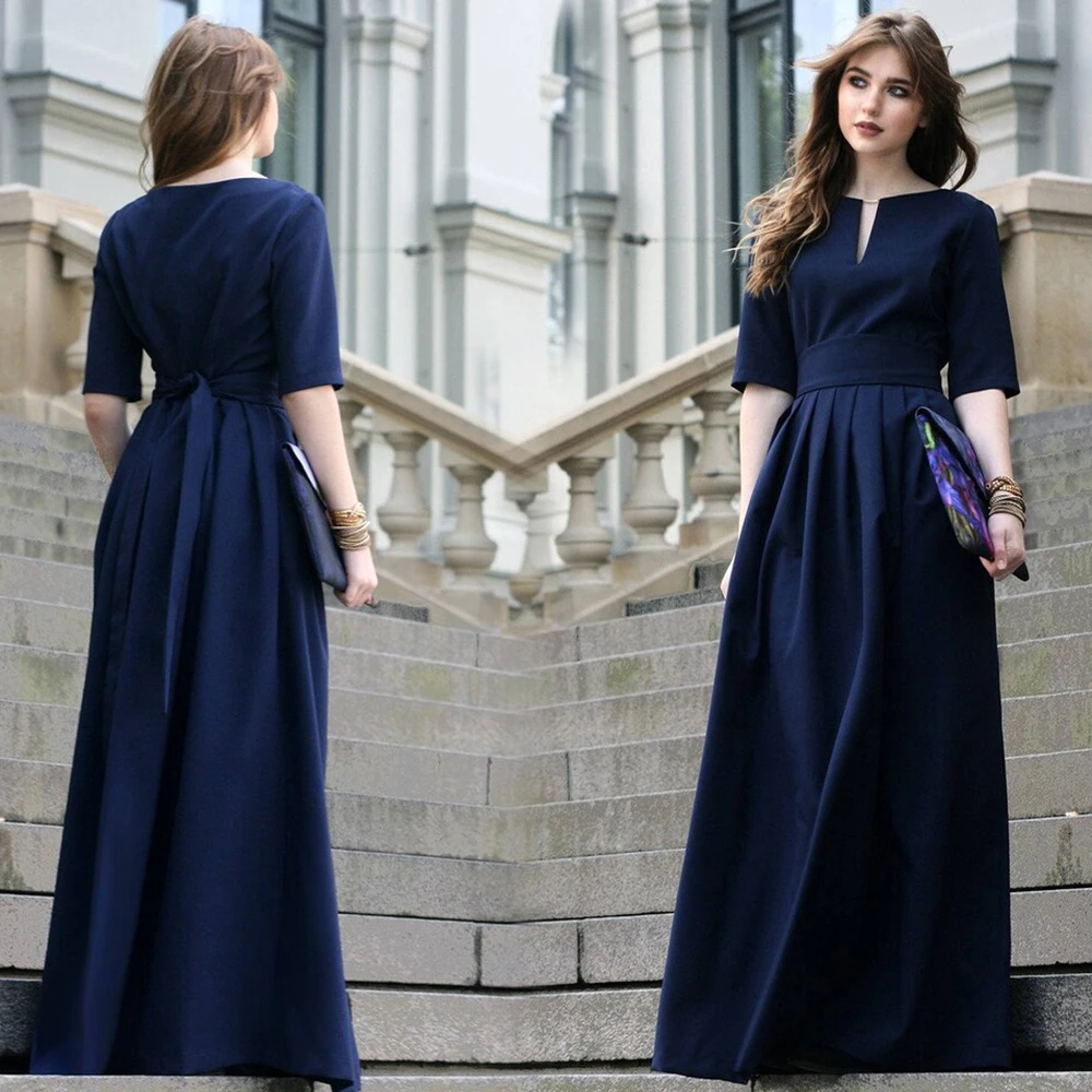 

Customized Simple Navy Blue Mother of the Bride Dresses O-neck Briedmaid A-line Draped Long Floor Length Party Prom Gown Elegant