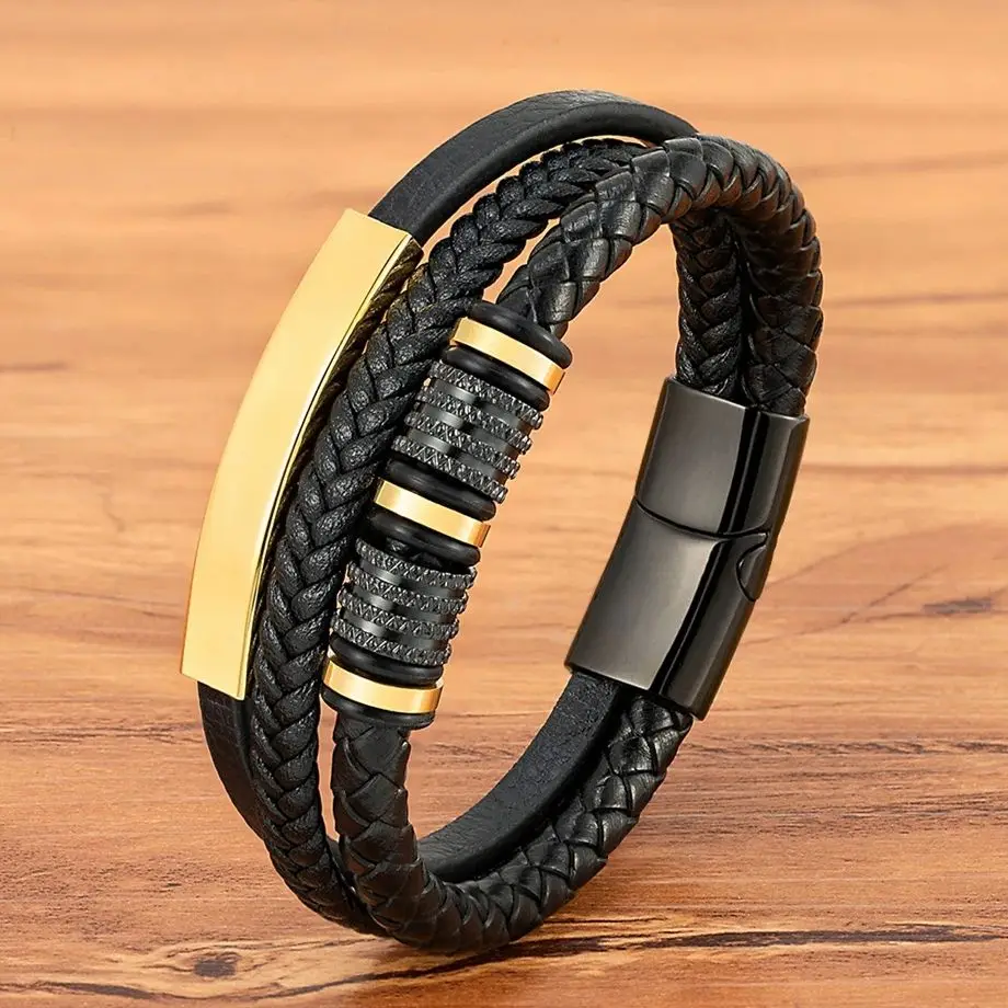 XQNI Punk Multi-layer Leather Bracelet Combination Accessory Stainless Steel Hand-woven Men's Bangle Classic Jewelry Gift
