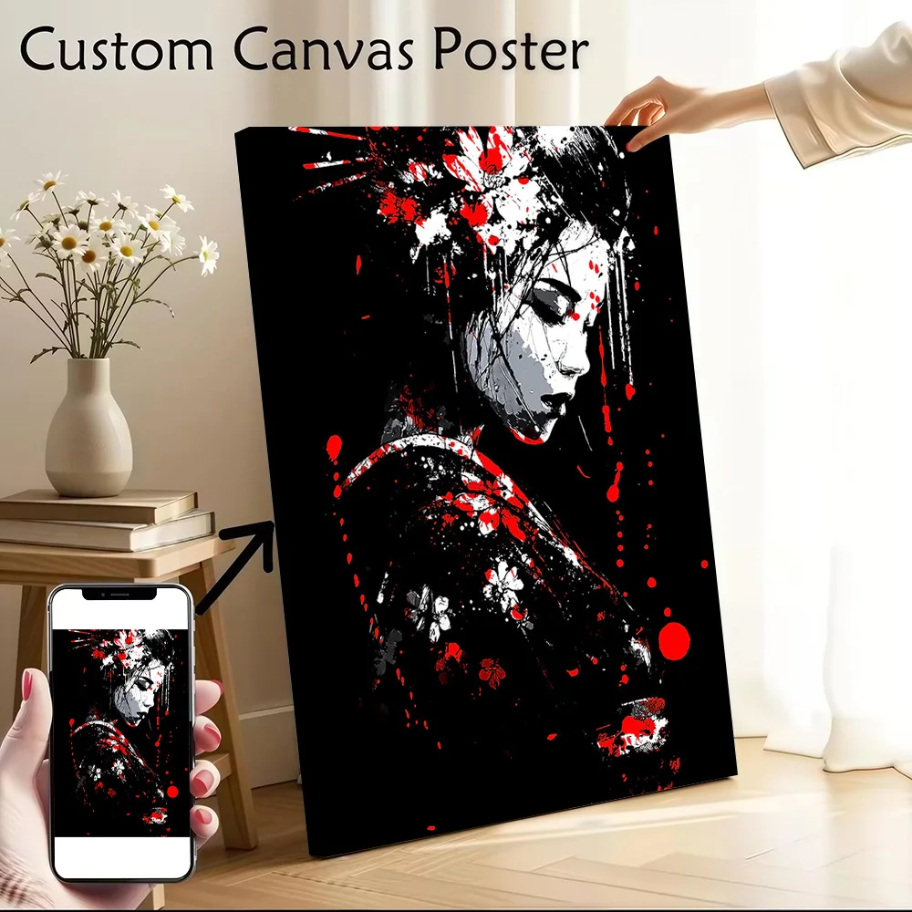 Geisha With Red Splatter Canvas Print Perfect Gift for Fans Lovers Personalized Wall Art Poster for Home Decor Luxury Decoration
