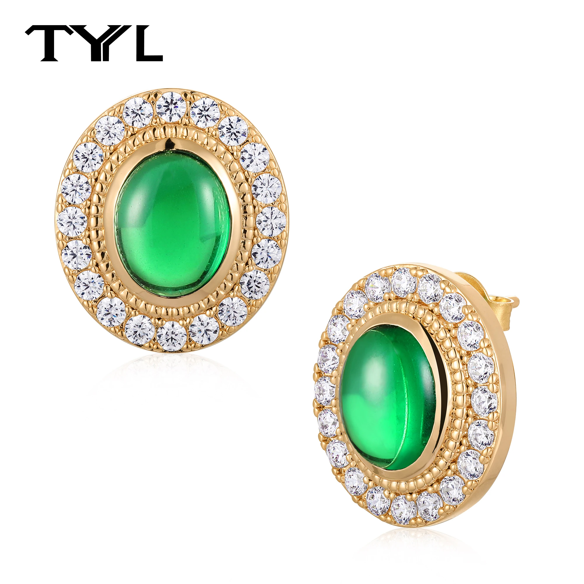 TYYL Vintage Gold Plated Simulated Emerald Stud Earrings for Women Classic 5A Cubic Zirconia Oval Halo earrings Party Jewelry