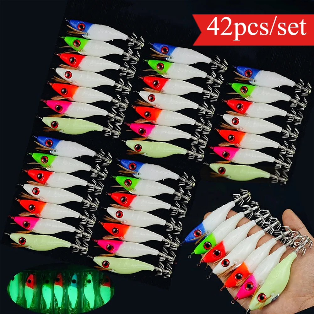 42 Stück Leuchtende Großaugen-Kalmar-Jighaken 10cm Garnelenköder Salzwasser-Angelzubehör Oktopus-Angelzubehör Tintenfisch