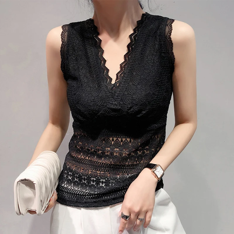 Women's Lace Hollow Out Tank Tops, V-Neck, Slim, Sexy, All Match, Office Lady Pulls, Tees, New Design, Summer, 2021