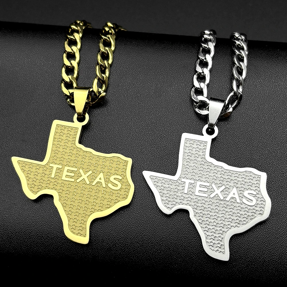 Amerikanische USA Texas Karte Anhänger-Halskette für Männer und Frauen Edelstahl Goldfarben Geometrische Sterne Nationale Kette Schmuck Geschenk