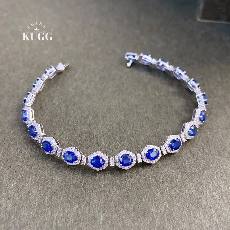 KUGG 100% 18K White Gold Bracelet Luxury Elegant Style Shiny Diamond Natural Sapphire Bracelet for Women High Party Jewelry