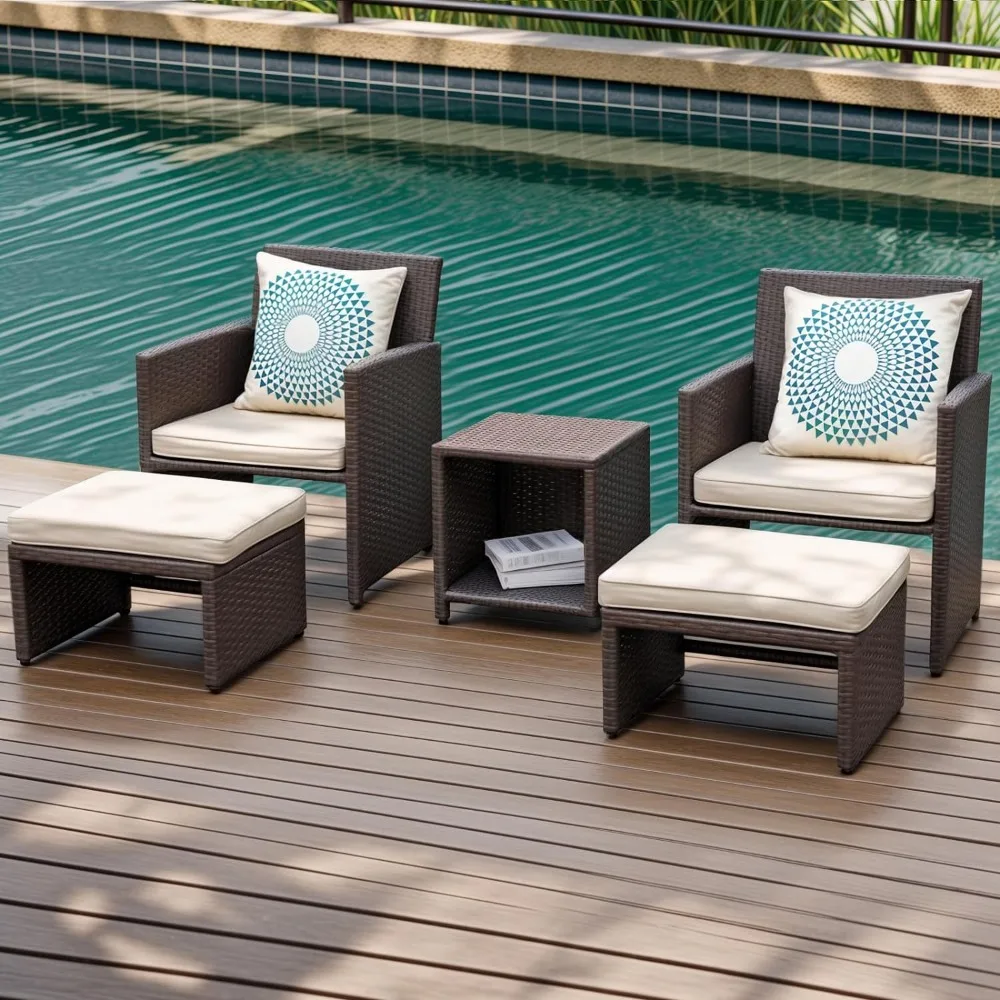 

5 Piece Wicker Outdoor Sofa Set, All-Weather Wicker Patio Furniture Set, Rattan Patio Conversation Set with Ottoman