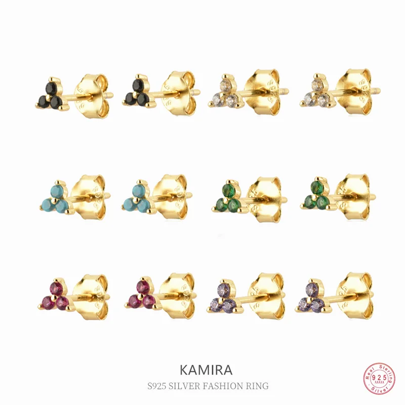 

KAMIRA 925 Sterling Silver Small Clover Zircon Earrings for Women Colorful Piercing Earrings Party Exquisite Jewelry Girls Gift