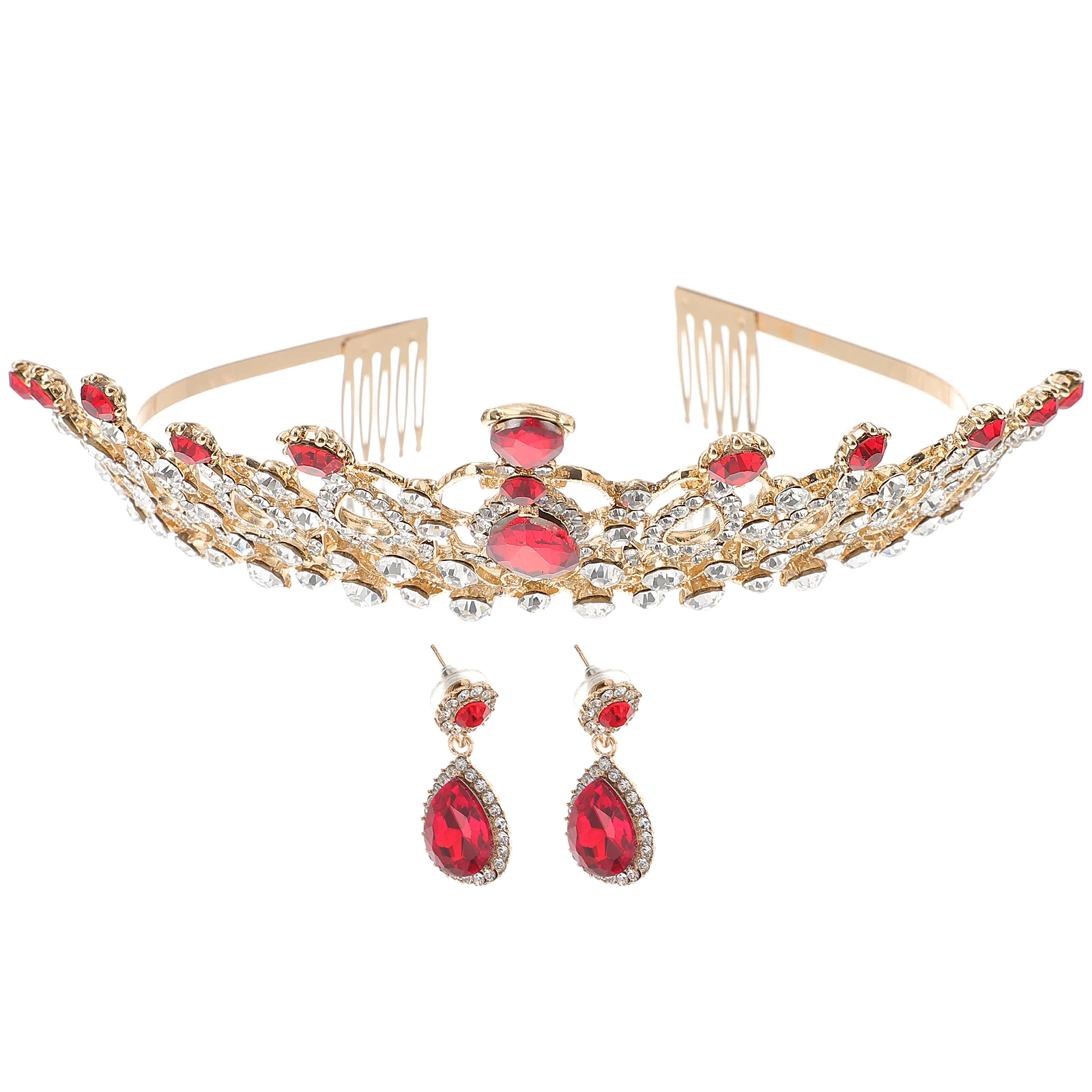 

Red Crystals Hair Crown Rhinestone Clip Earrings Set Wedding Tiaras Ear Decor Jewelry for Bride Party