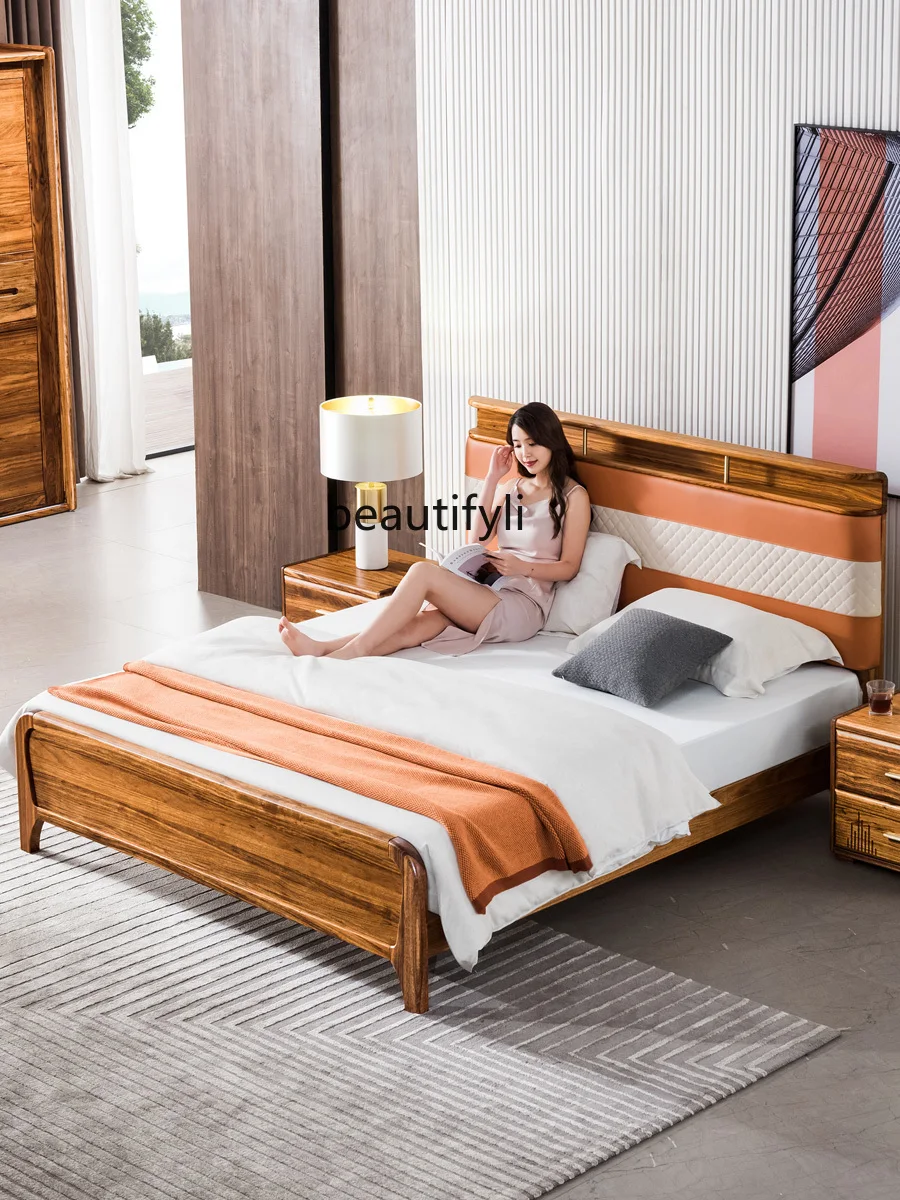 Full Solid Wood Soft Cushion Leather Bed Modern Minimalist Chinese Style Ugyen Wooden Double  Pressure High Box Master Bedroom