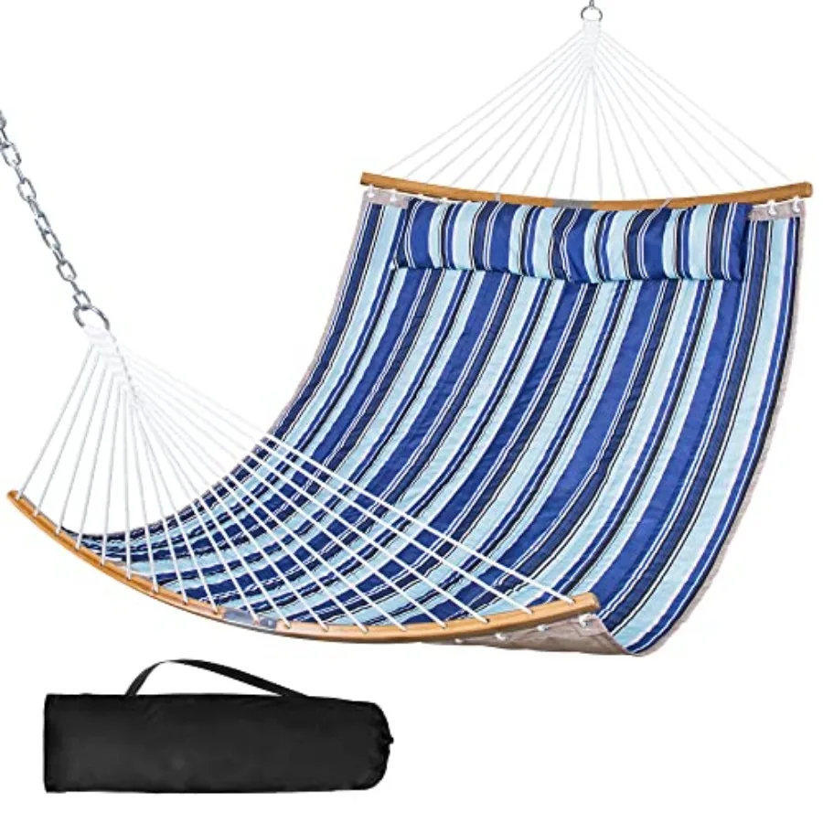 

Portable 2 Person Hammock with Carrying Bag and Curved Spreader Bar in Blue Stripes for Outdoor Camping and Relaxation