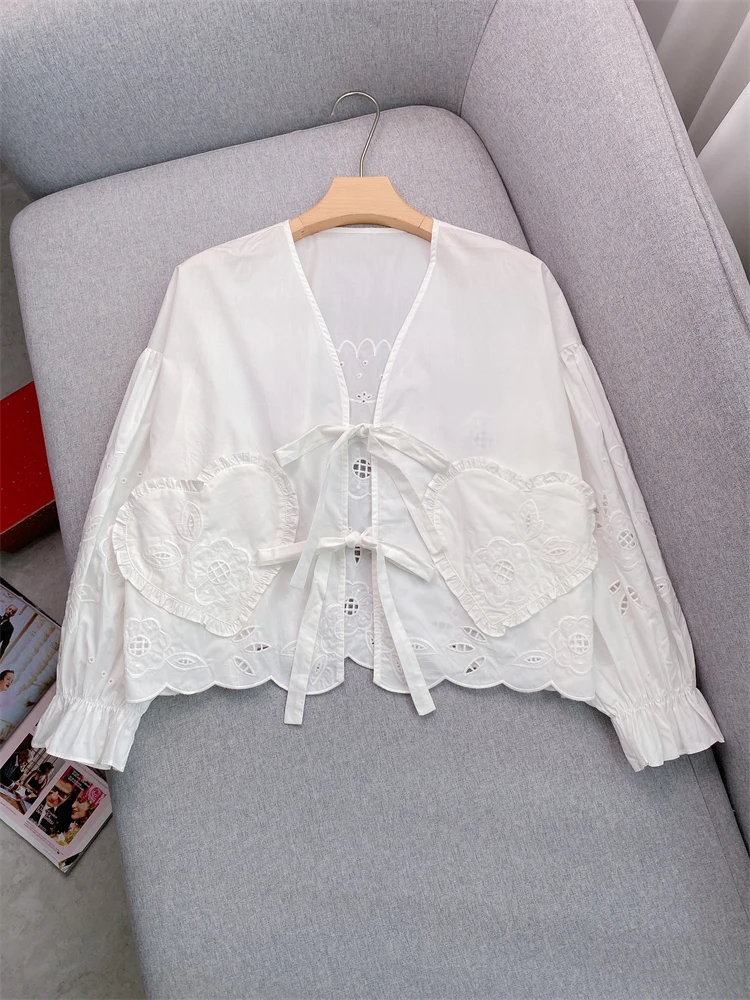 New 2024 Autumn Women Hollow Out Lace Up Cotton Shirt Blouse Top V-Neck Loose Fit Elegant Sweet Chic Stunning Casual Design