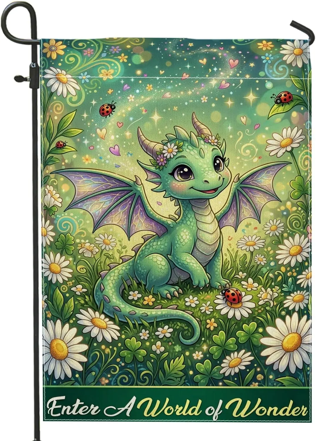 Dragon Garden Flag, Fantasy Fanciful Chrysanthemum Ladybug Summer Green Double Sided Burlap Decorative Outside Flags for Out yyi